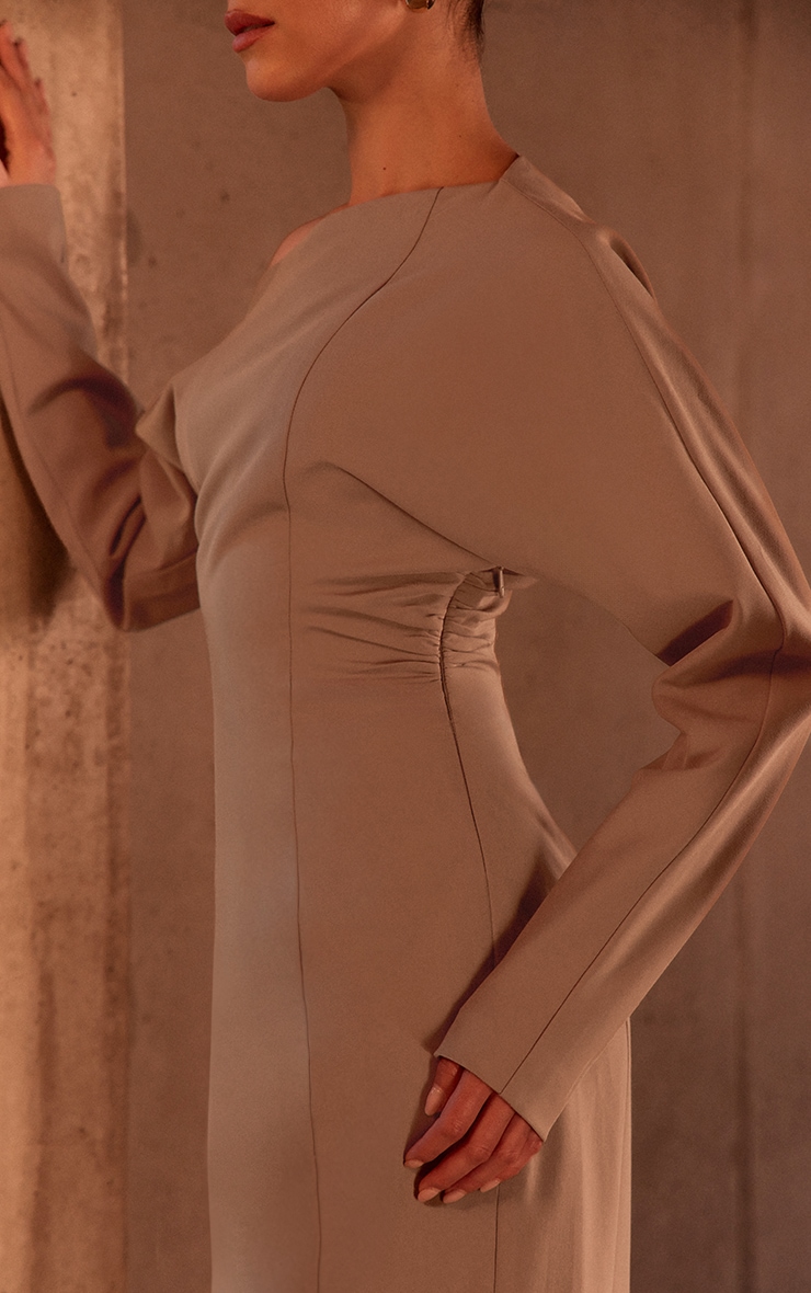 PLT Label Taupe Asymmetric Batwing Sleeved Cinched Waist Maxi Dress image 4