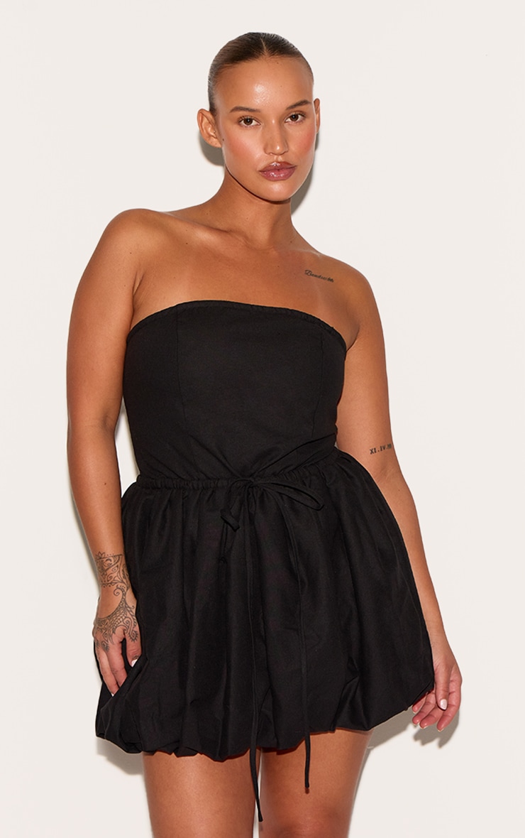 Plus Black Linen Bandeau Tie Waist Puffball Dress image 1