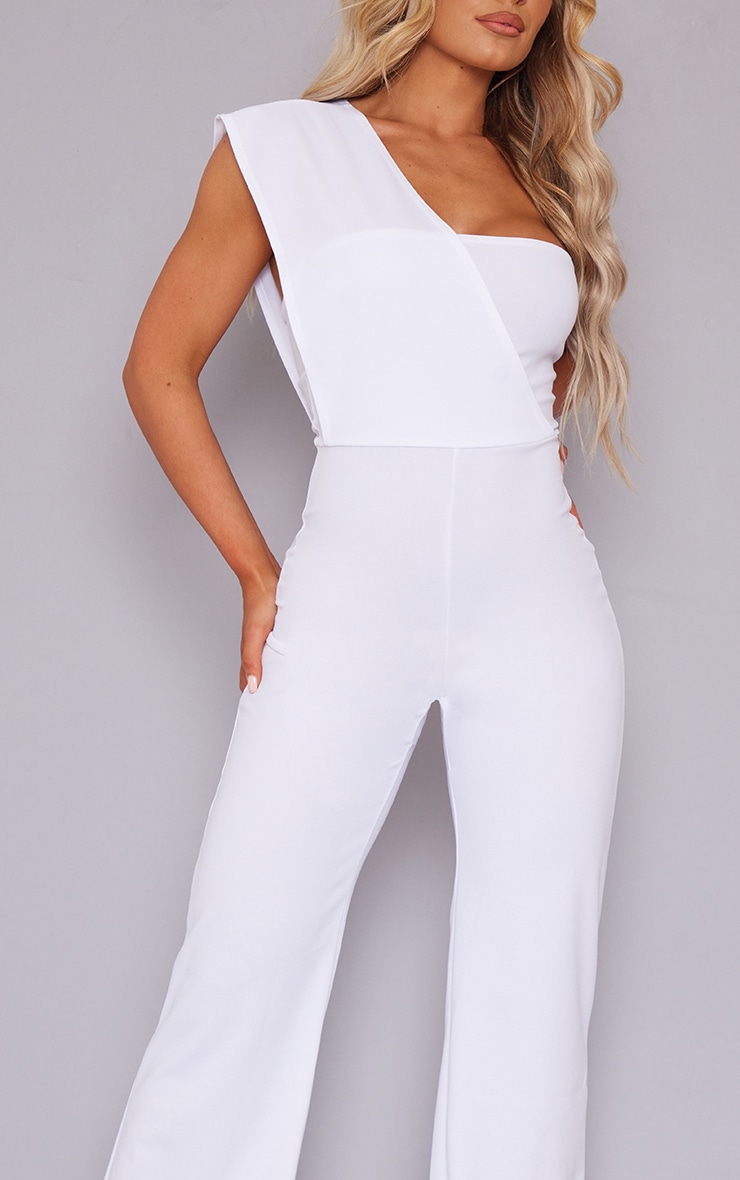 White One Shoulder Drape Detailed Jumpsuit image 4