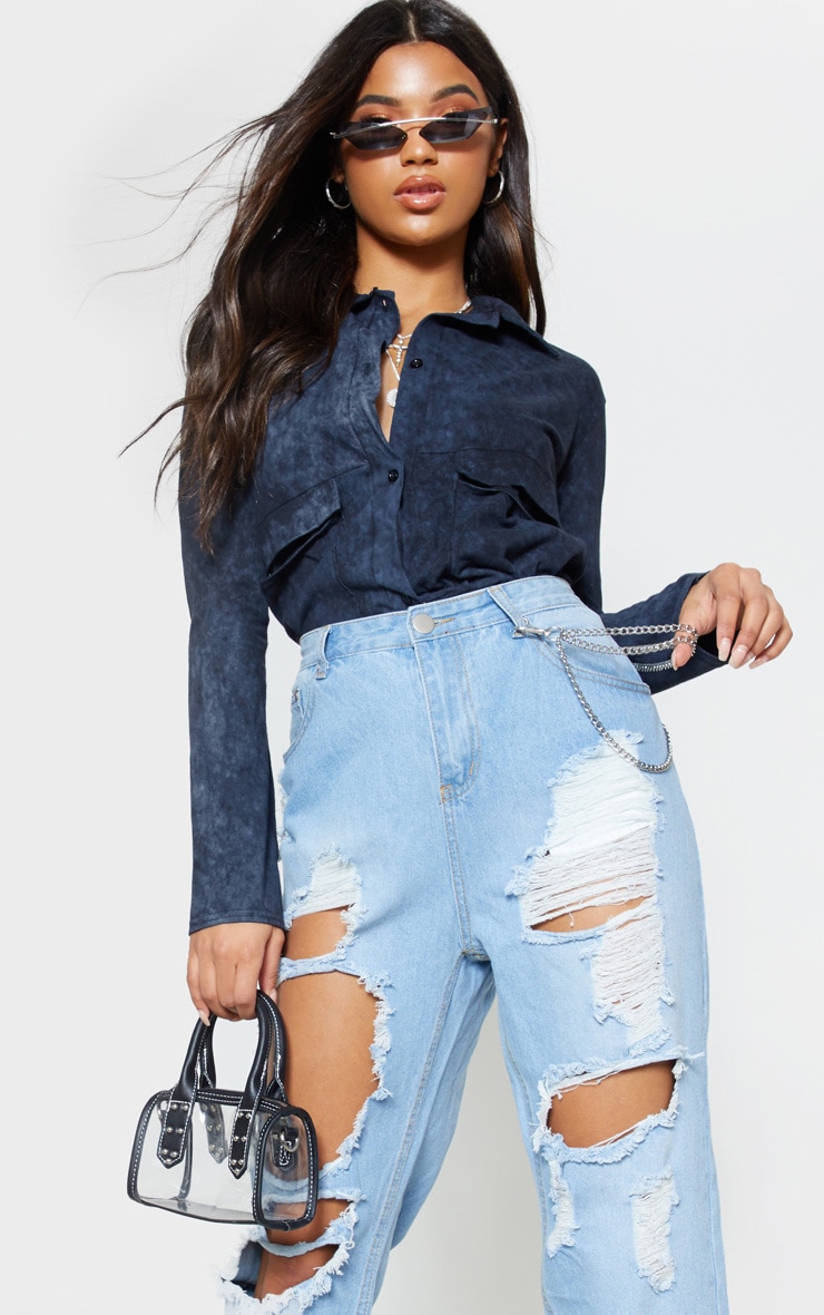 Pocket Detail Oversized Shirt - Navy main image 1
