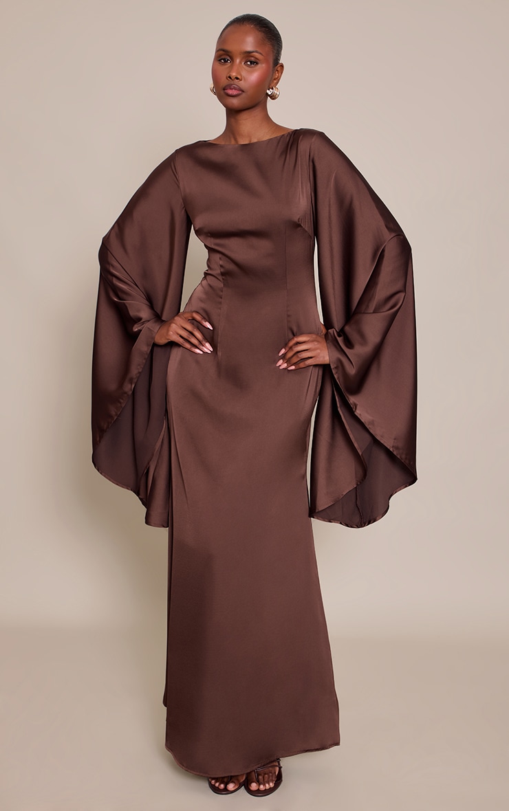 Chocolate Satin Flared Sleeve Maxi Dress | Dresses | PLT USA