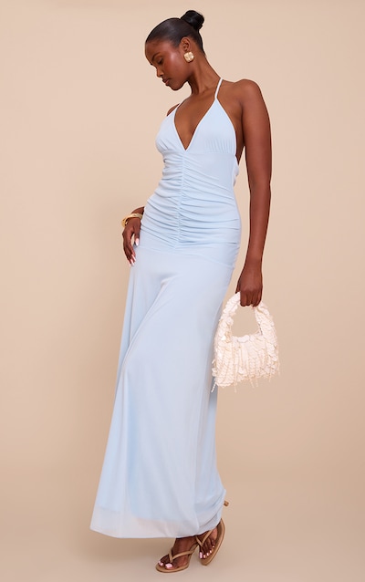 Light Blue Ruched Detail Strappy Maxi Dress