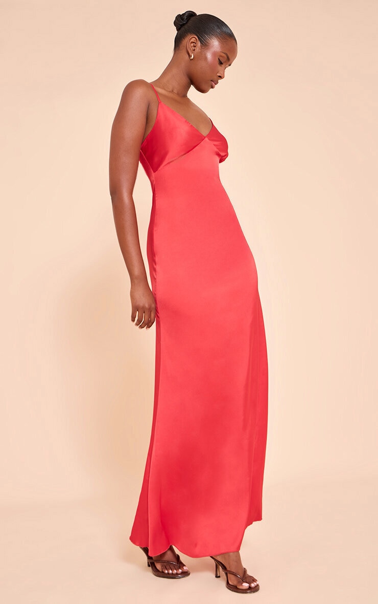 Red Satin Strappy Maxi Dress image 3