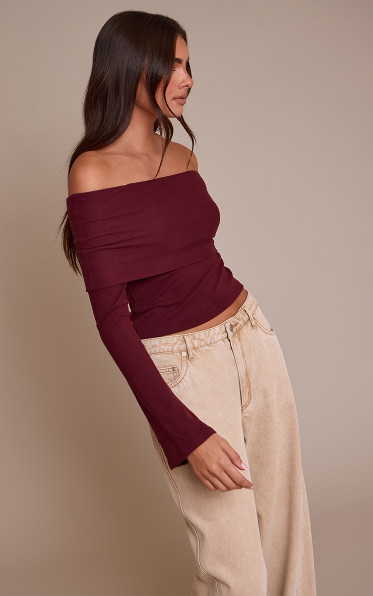 Wine Ultra Soft Deep Foldover Bardot Long Sleeve Top  image 4