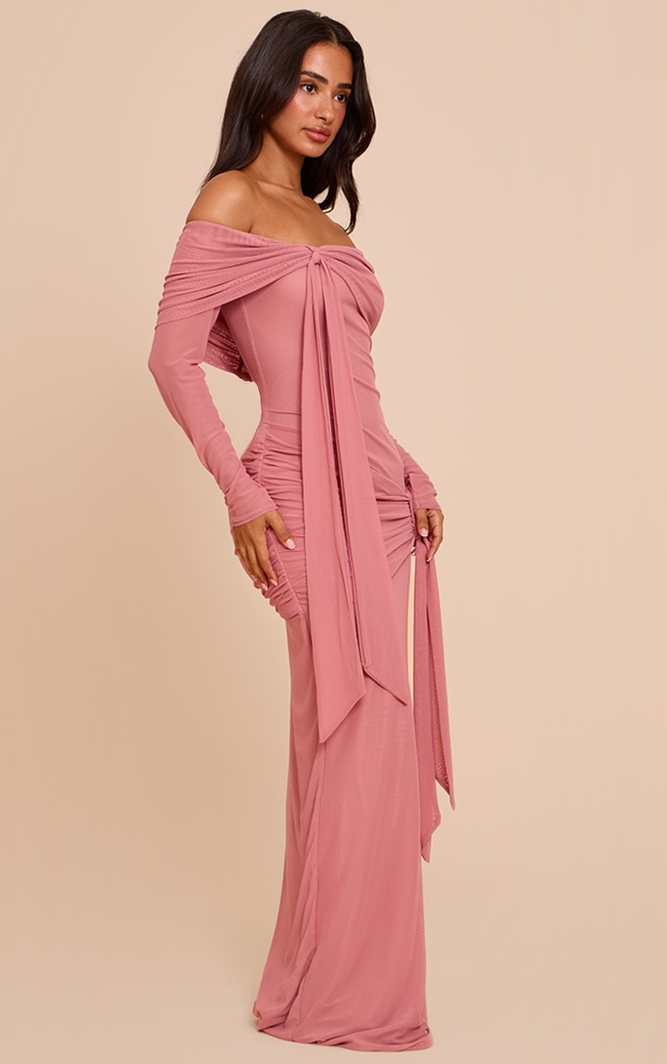 Petite Deep Pink Asymmetric Long Sleeve Bardot Maxi Dress image 3