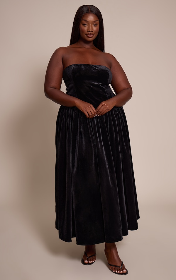 Plus Black Velvet Bandeau Maxi Shift Dress