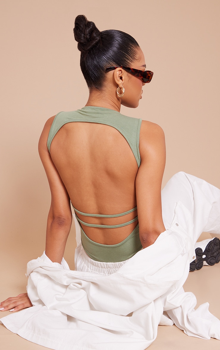 PRETTYLITTLETHING Khaki Embroidered Cutout Back Sleeveless Bodysuit