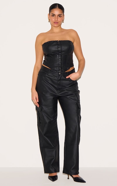 Plus Black Coated Denim Cargo Jeans