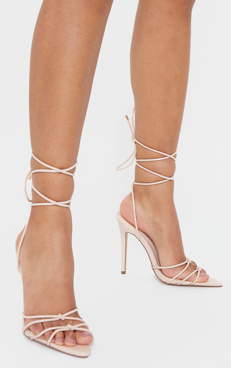 Nude Double Knot Point Toe Lace Up Heel Sandals