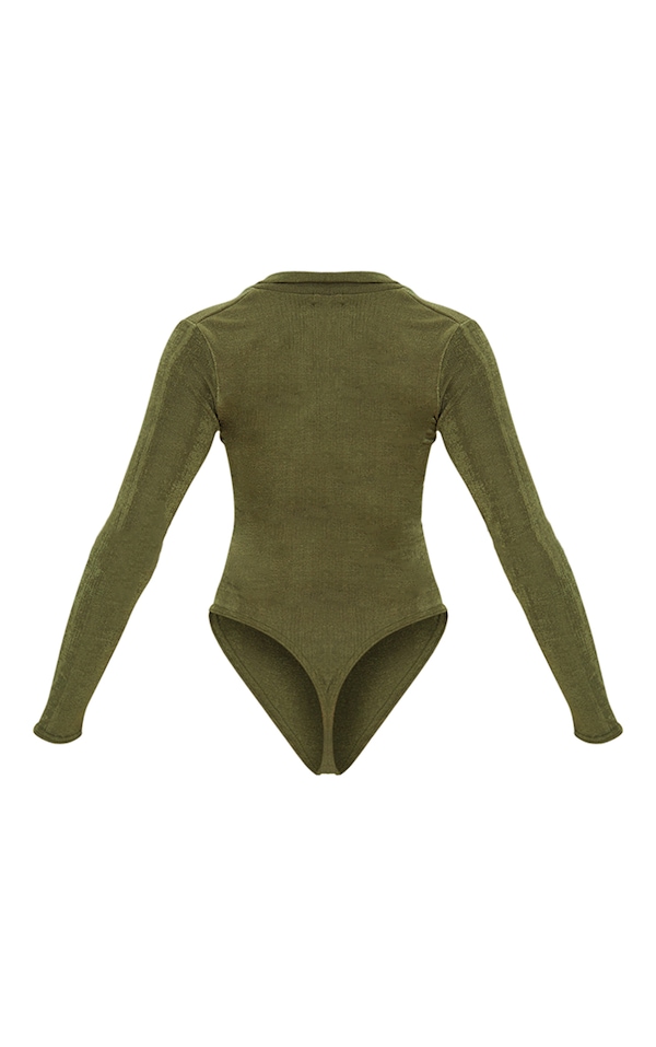 Khaki Rib Ruched Button Front Long Sleeve Bodysuit | PrettyLittleThing
