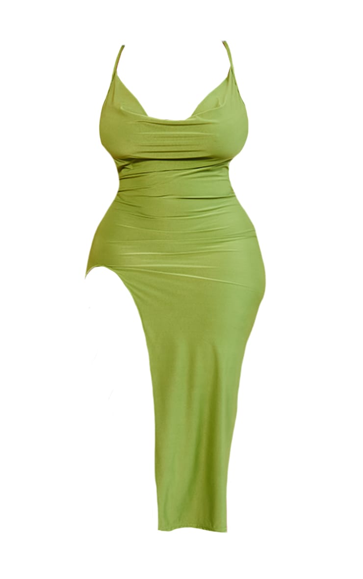 Plus Robe longue moulante vert olive fendue sur la cuisse à col bénitier image 5