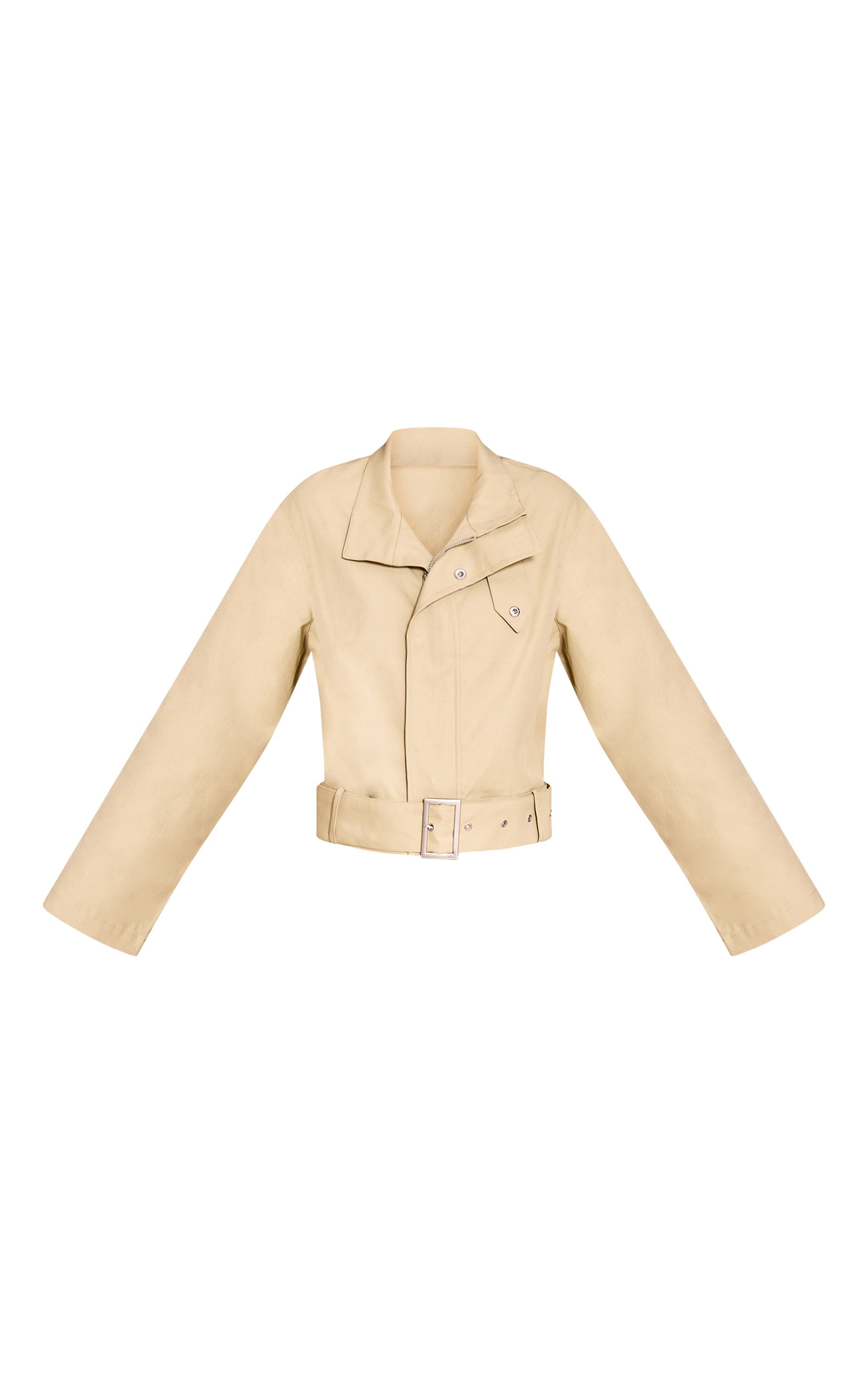 Beige Cropped Belted Biker Jacket image 5