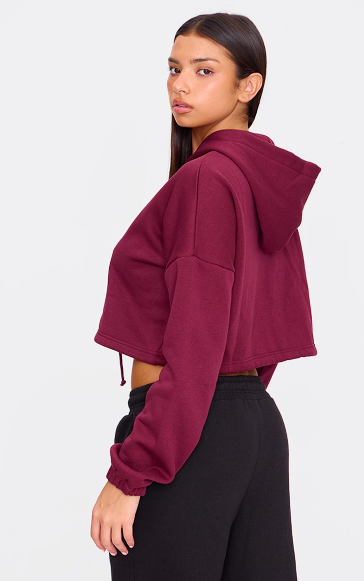 Burgundy Toggle Waist Zip Up Cropped Hoodie image 2