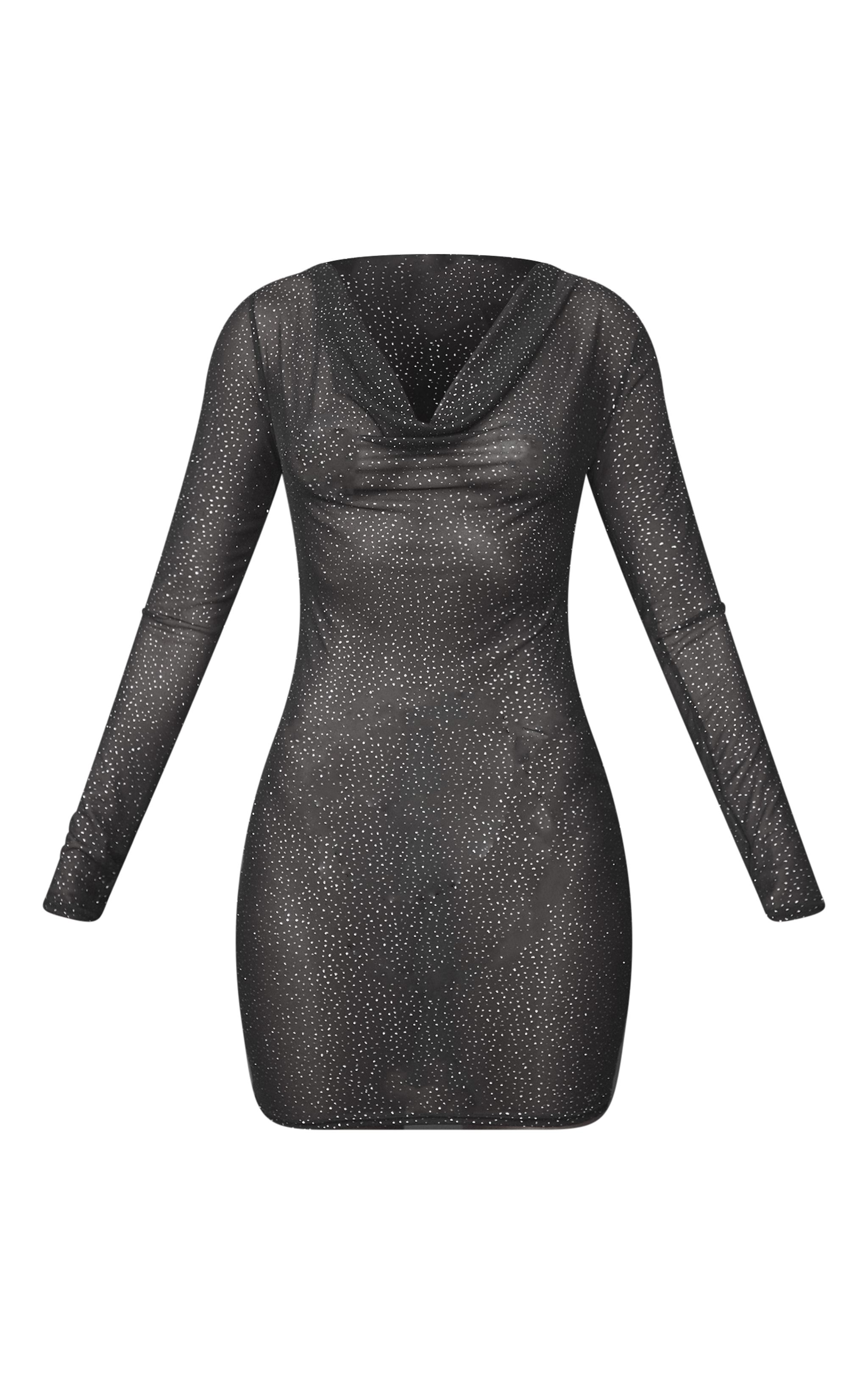  Black Glitter Sheer Cowl Ruched Long Sleeve Bodycon Dress image 5