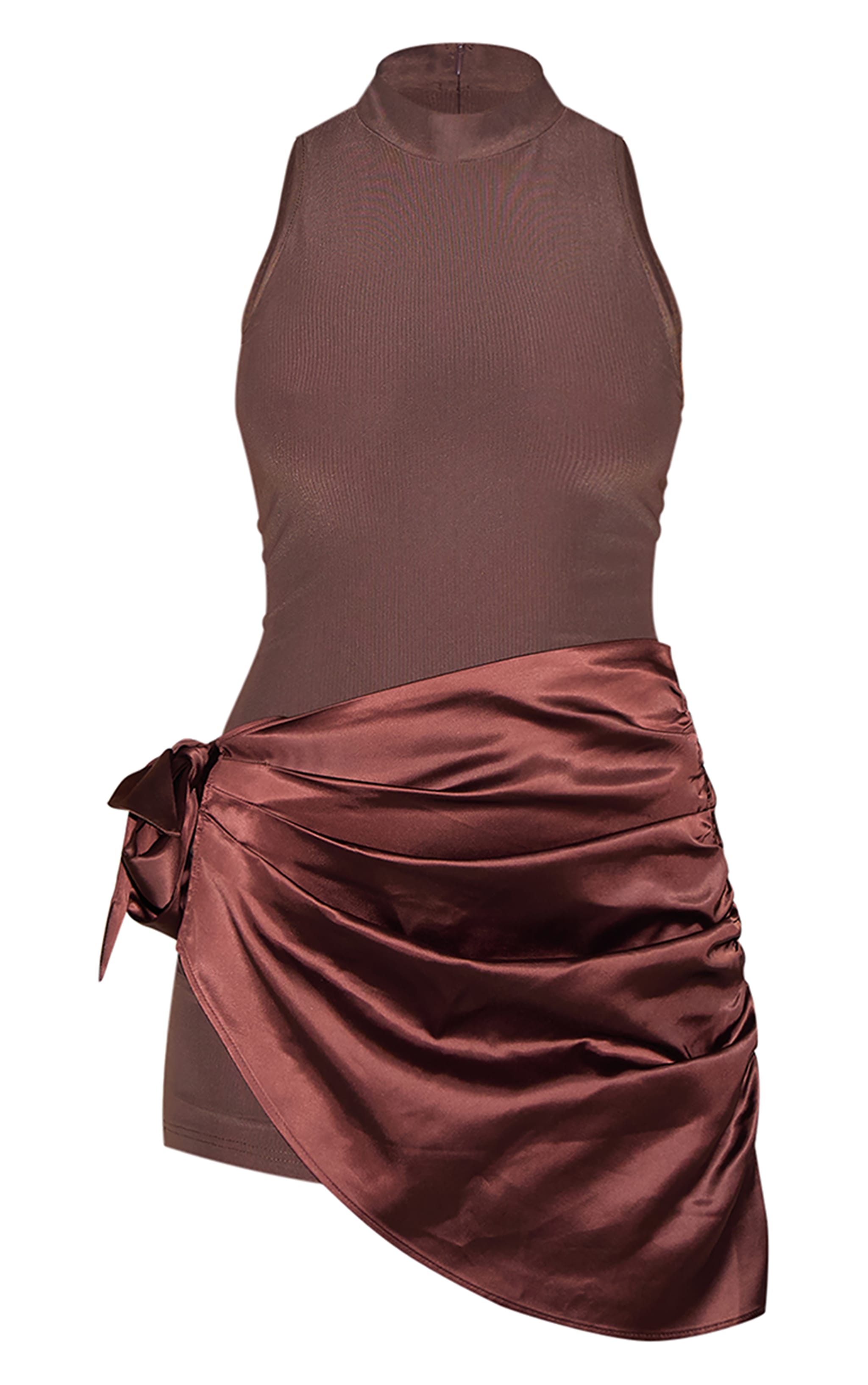 Mini robe tissée chocolat à col montant et détail satiné drapé image 5