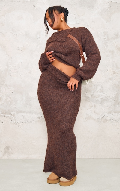 Plus Chocolate Marl Knit Foldover Maxi Skirt