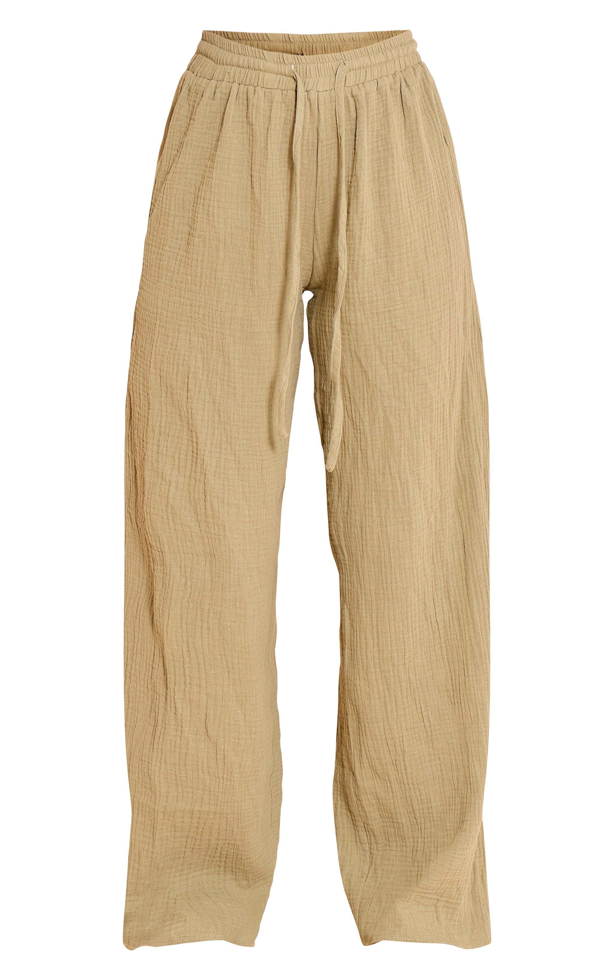 Khaki Cheesecloth Textured Wide Leg Pants image 5
