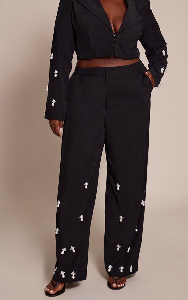 Plus Black Woven Embellished High Waist Wide Leg Pant image 2