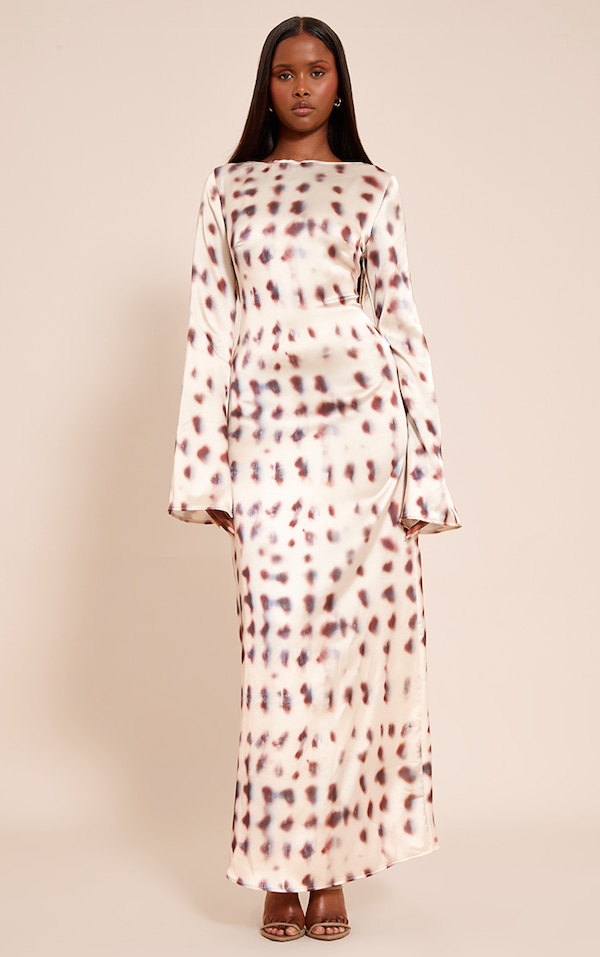Stone Blurred Printed Satin Flute Sleeve Maxi Dress