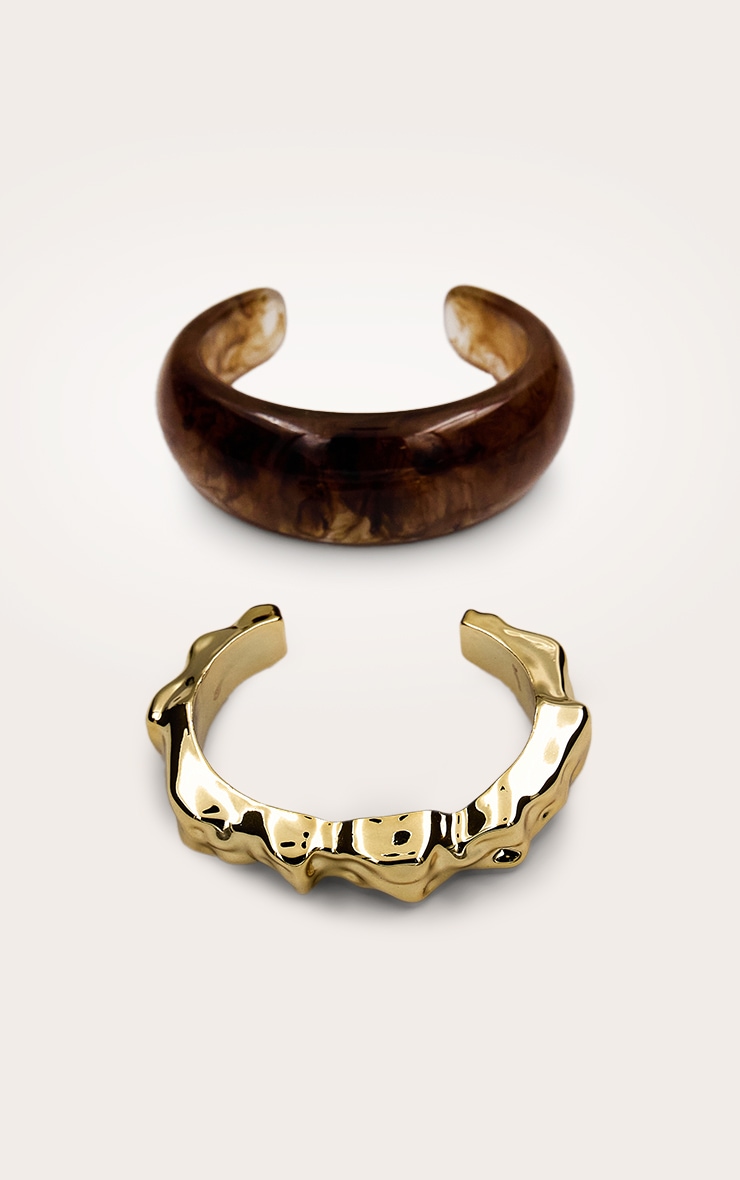 Lot de bracelets manchettes en résine marron et doré image 2