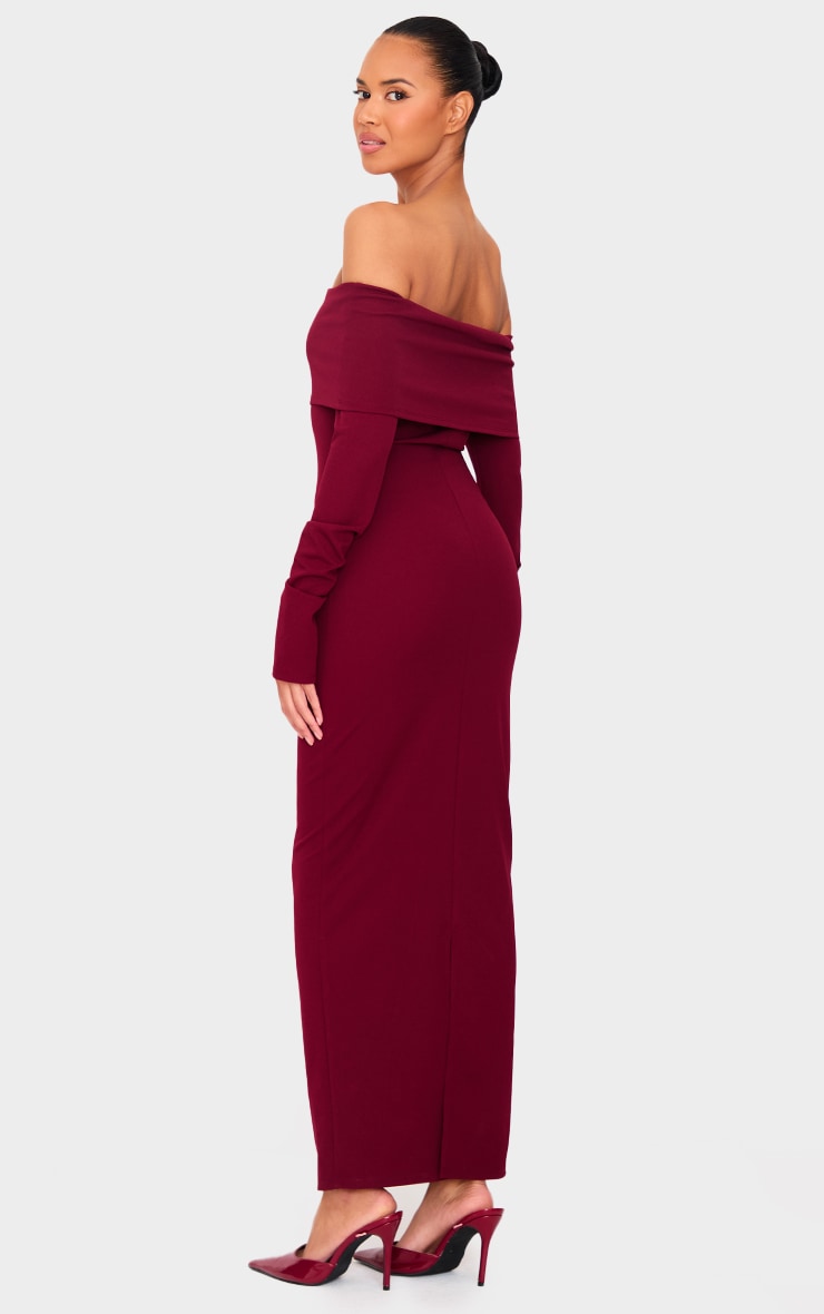 Burgundy Crepe Long Sleeve Bardot Maxi Dress image 2