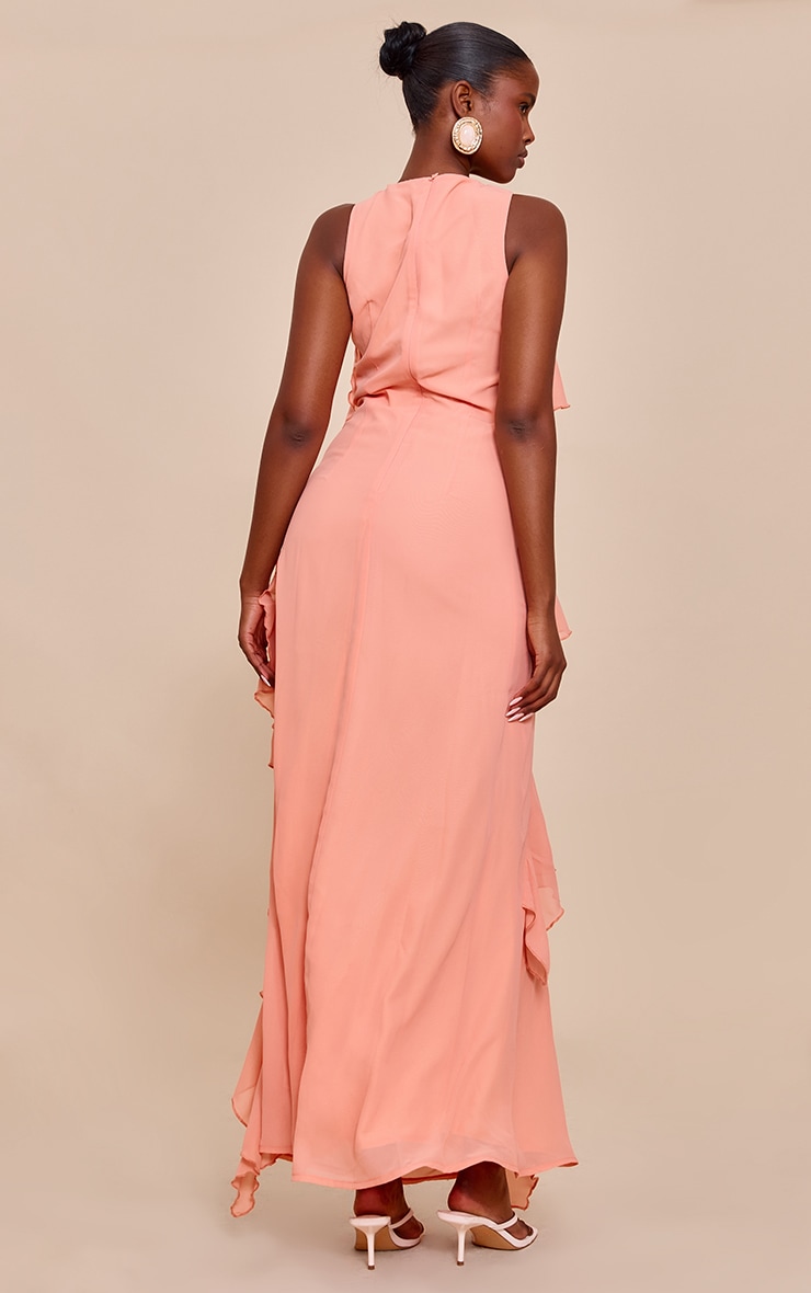 Peach Boat Neck Frill Detail Sleeveless Maxi Dress image 2