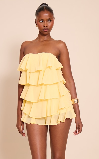 Combishort bustier en mousseline de soie jaune citron à volants