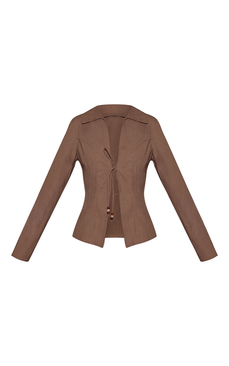 Deep Taupe Linen Look Tie Bead Detail Shirt image 5