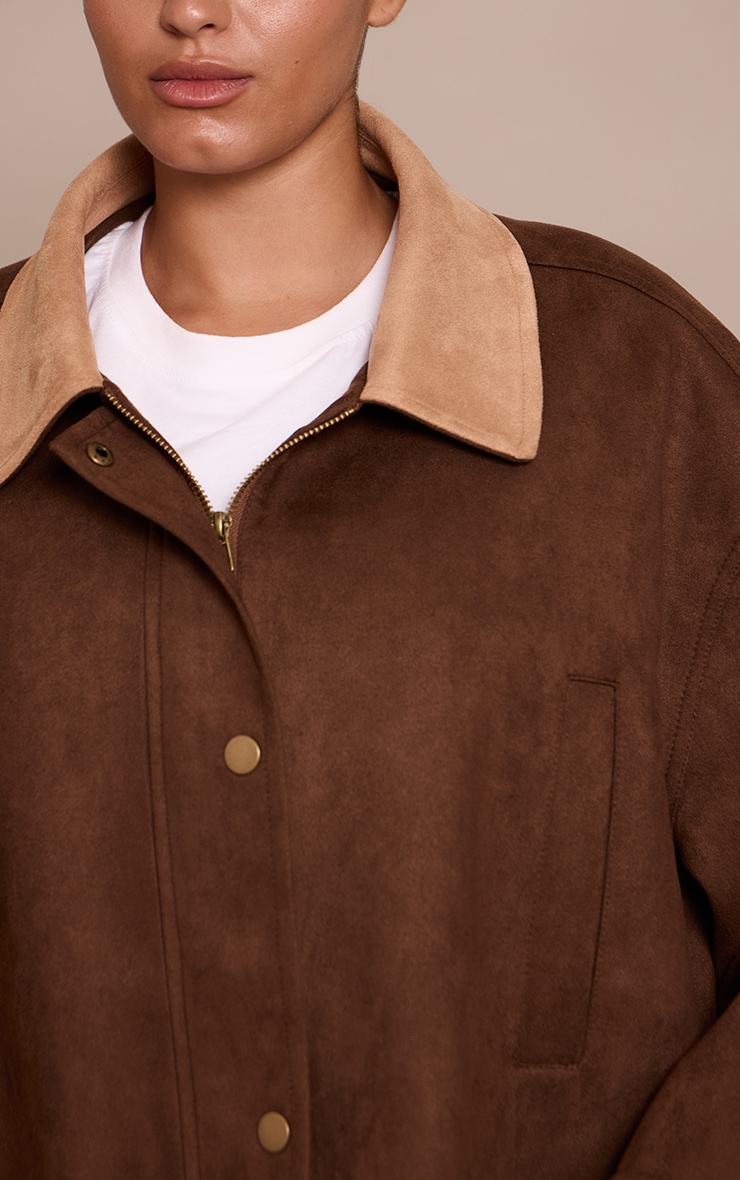 Plus Chocolate Oversized Pocket Detail Contrast Collar Jacket image 4