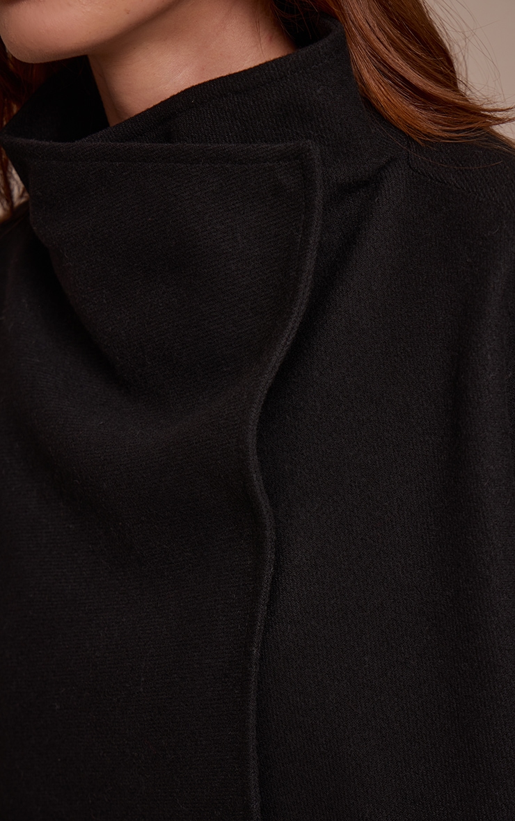 Black Wool Look Funnel Neck Wrap Coat image 4