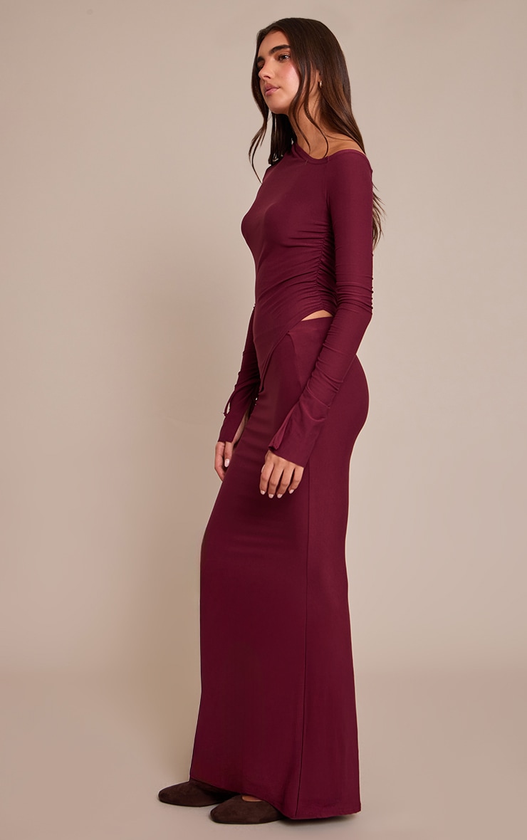 Burgundy Soft Touch Asymmetric Panel Maxi Skirt image 2