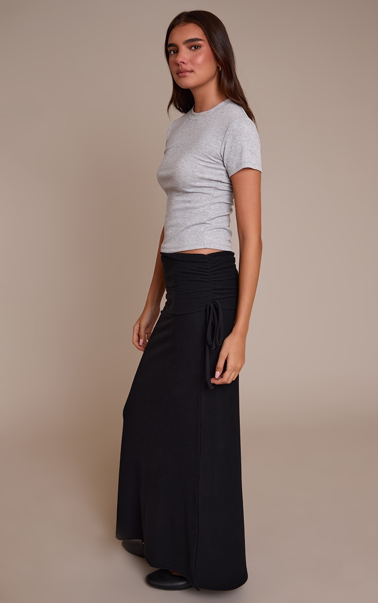 Black Brushed Rib Ruched Detail Maxi Skirt image 2
