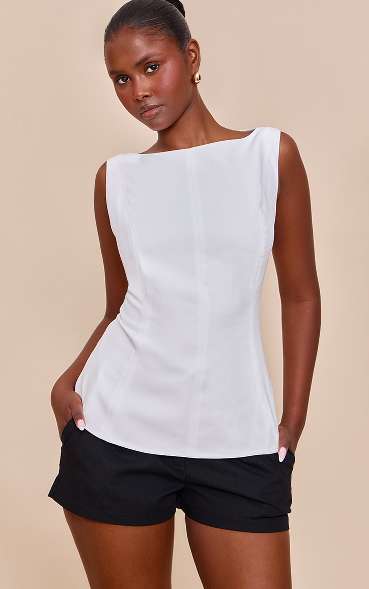 White Heavy Woven Tie Back Detail Structured Top image 2