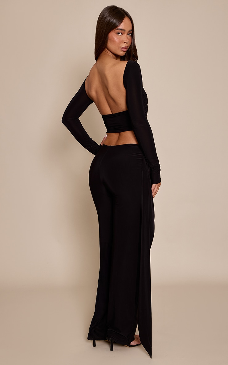 Black Double Layer Slinky Twist Drape Straight Leg Pants image 3