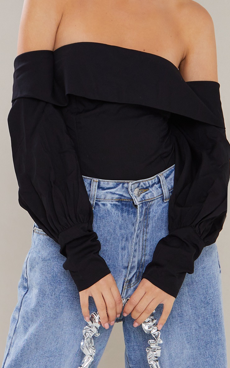 Black Woven Bardot Frill Bodysuit Tops PrettyLittleThing