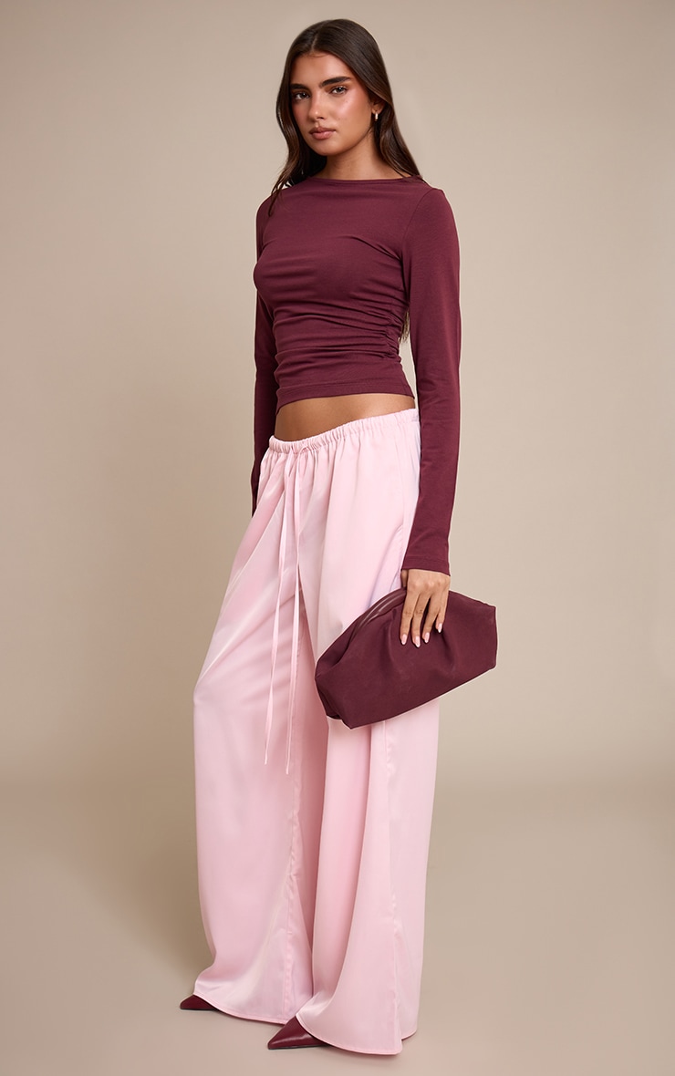 Baby Pink Satin Low Rise Wide Leg Tie Waist Pants image 1