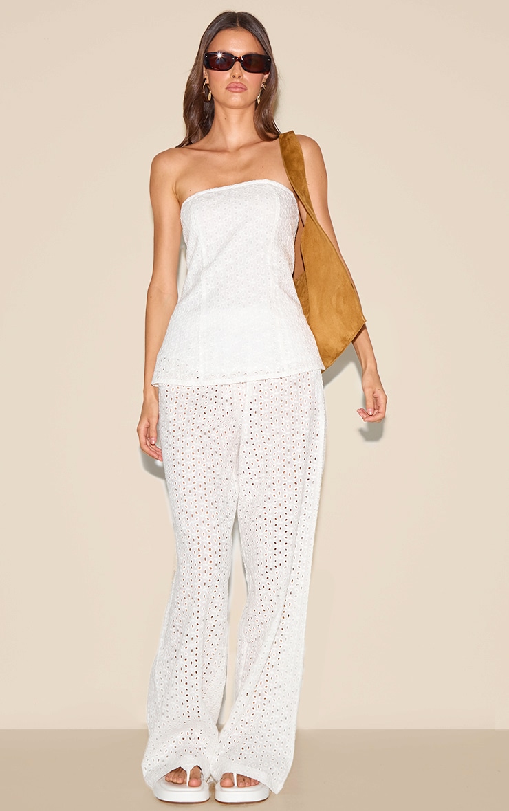 White Embroidered Mid Rise Pants image 2