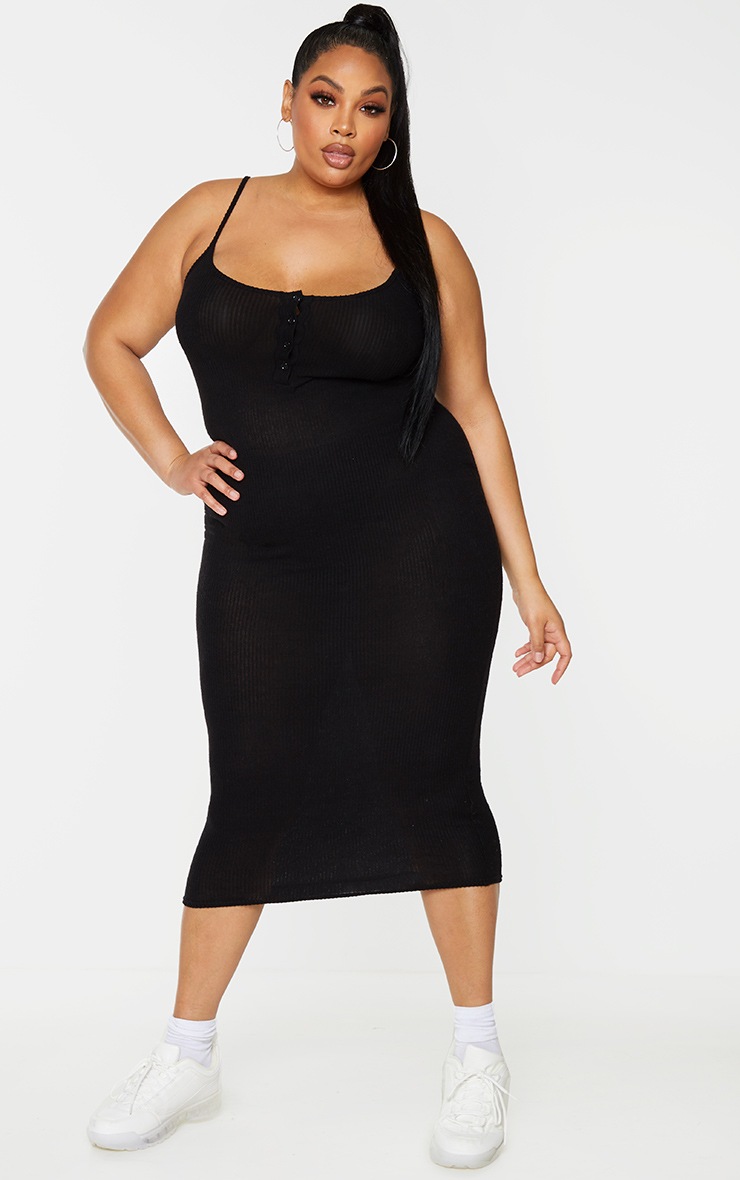 Plus Black Soft Rib Button Front Strappy Midaxi Dress