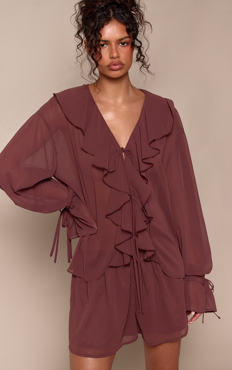 Dark Brown Chiffon Plunge Ruffle Blouse