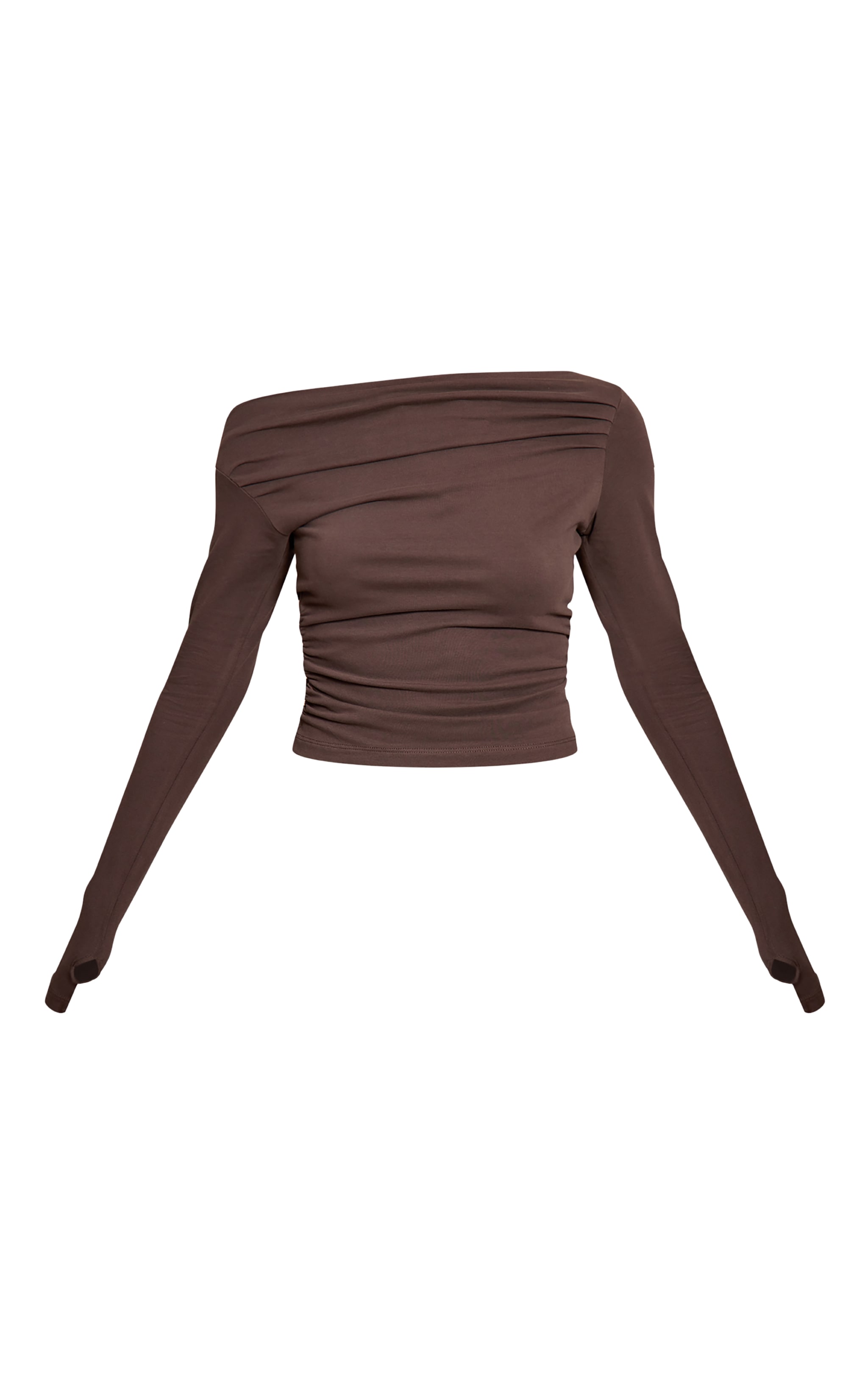 Dark Chocolate Soft Cotton Ruched Asymmetric Long Sleeve Top image 5