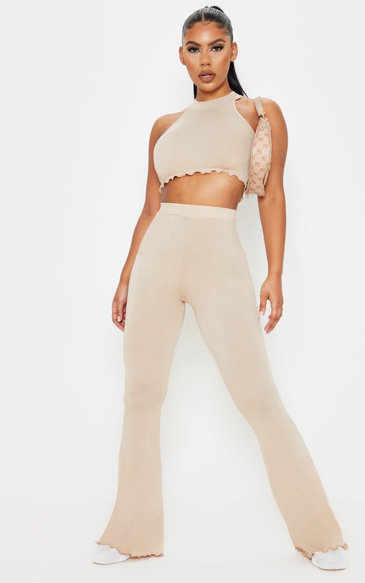 Pantalon flare gris pierre en jersey taille haute à bordure volantée