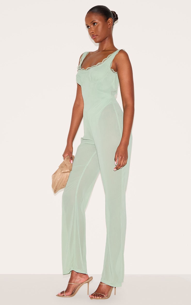 Sage Green Chiffon Corset Detail Flared Jumpsuit image 3