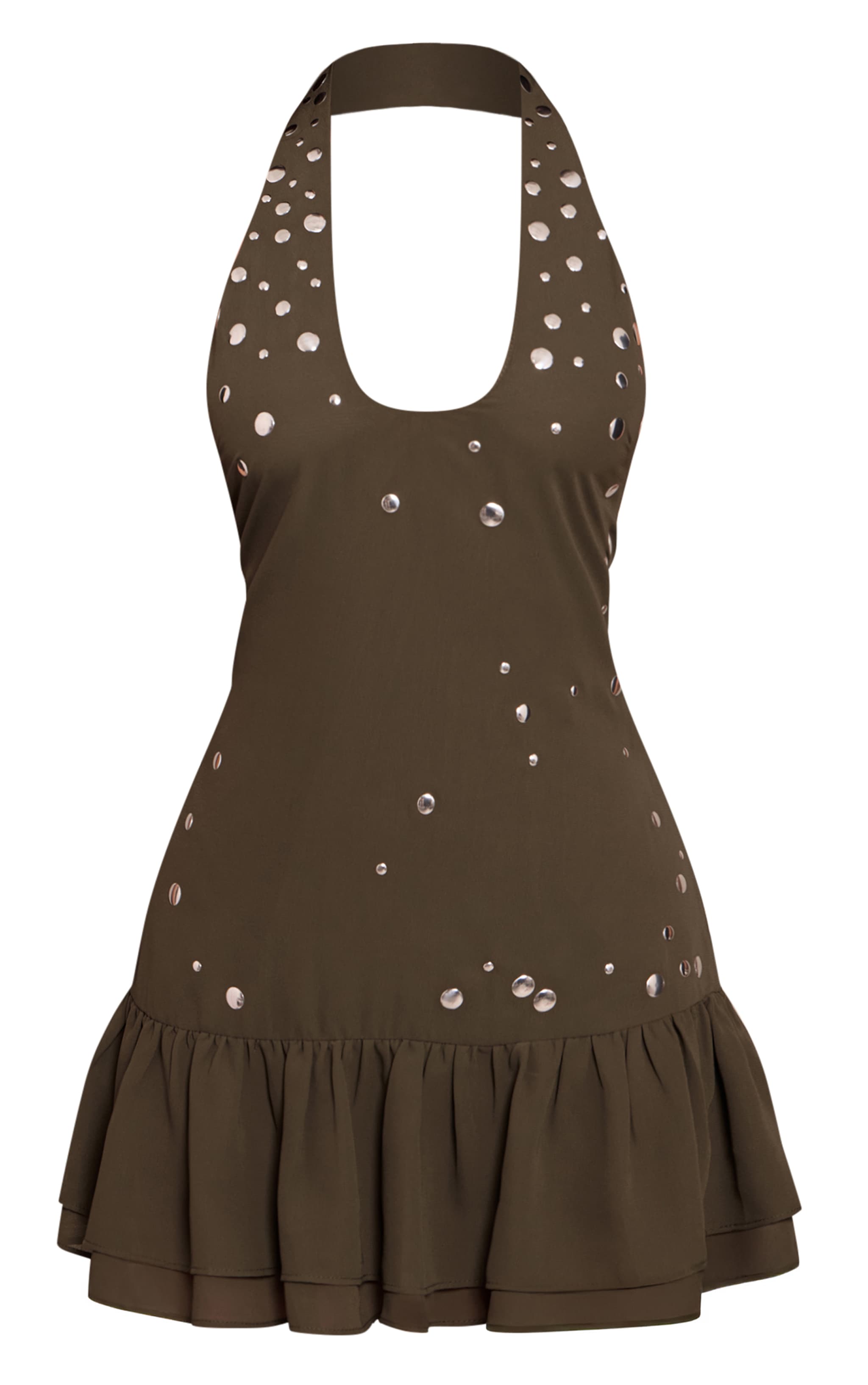 Petite Khaki Ruffle Stud Detail Halterneck Dress image 5