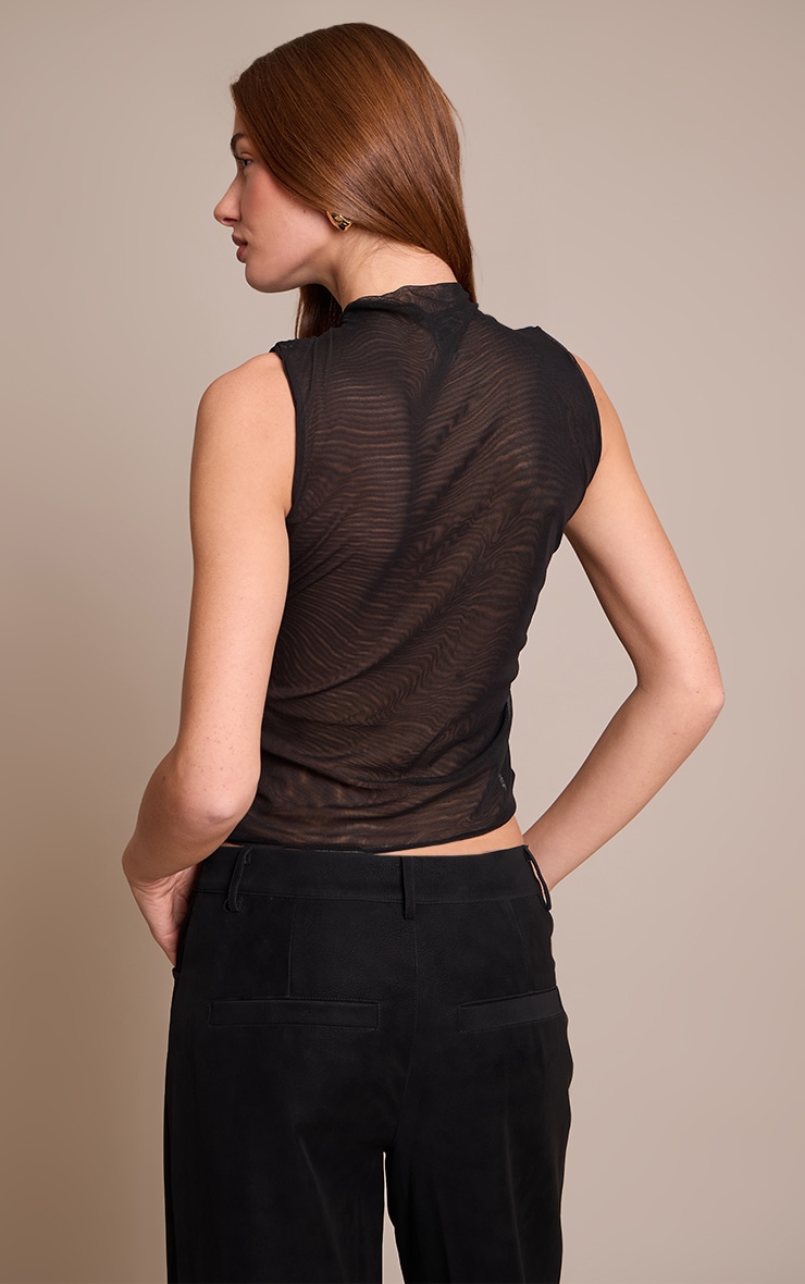 Black Sheer Mesh High Neck Ruched Detail Long Top image 2