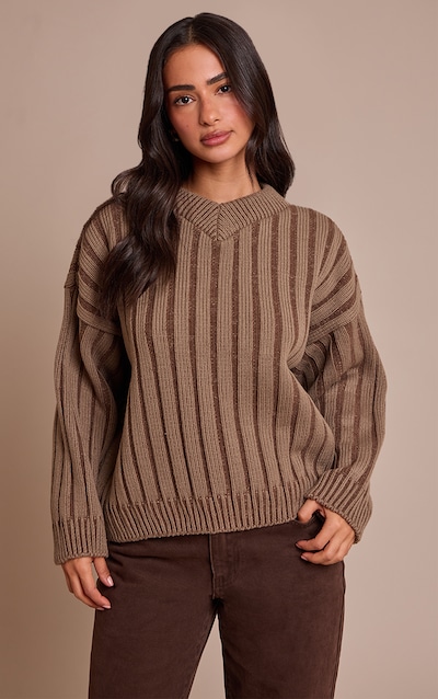Petite Pull en maille tricot épaisse côtelée vert olive à col en V