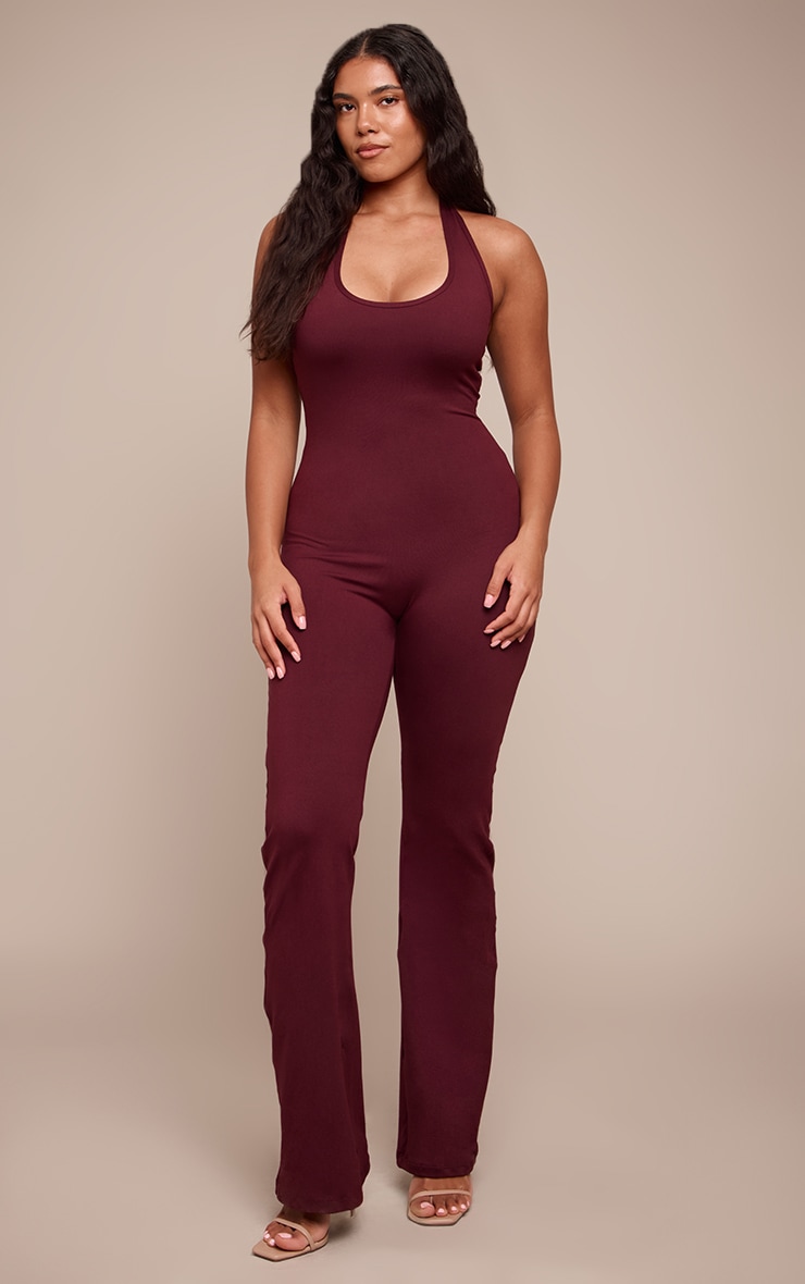 Shape Burgundy Sculpt Halter Neck Flare Jumpsuit