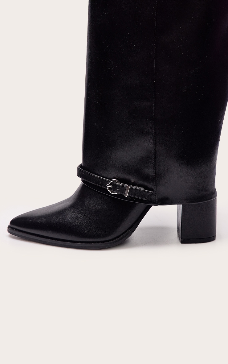 Black Fold Over Knee High Block Heel Boot image 5