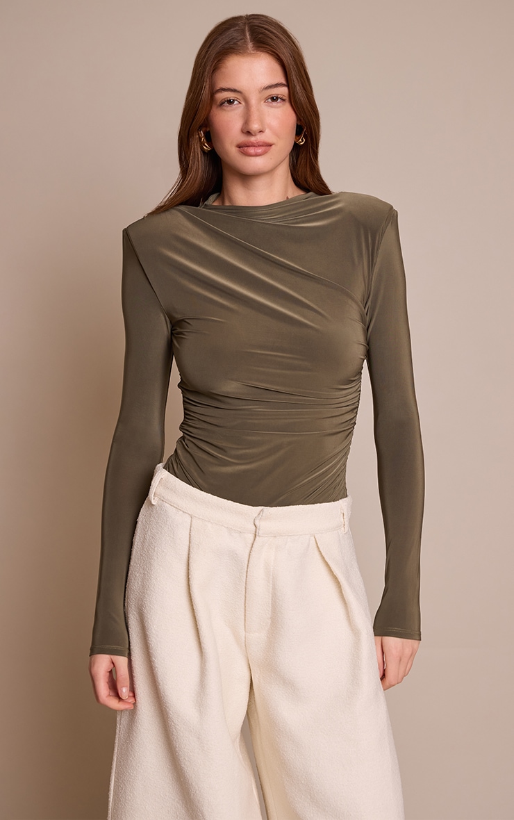 Khaki Double Layer Slinky Ruched Drape Detail Long Sleeve Bodysuit image 1
