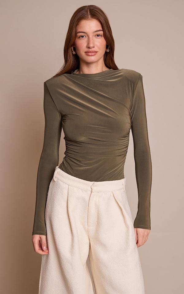 Khaki Double Layer Slinky Ruched Drape Detail Long Sleeve Bodysuit