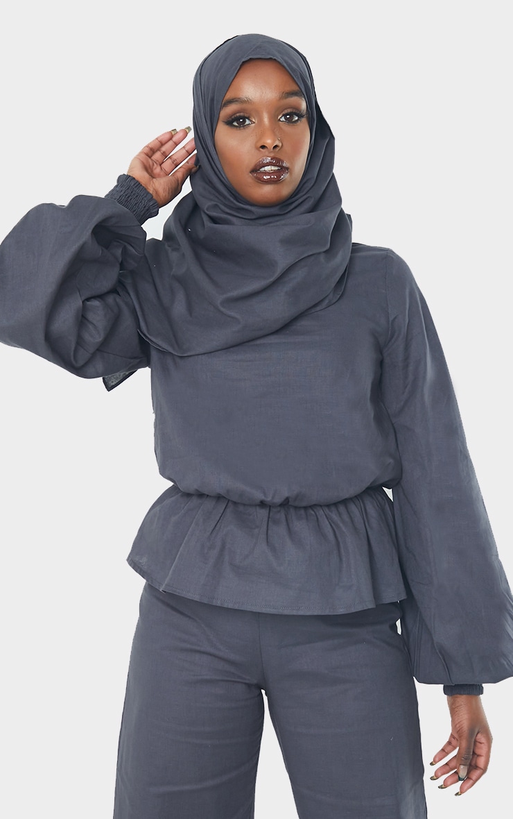 Navy Woven Peplum Wrap Hijab Blouse